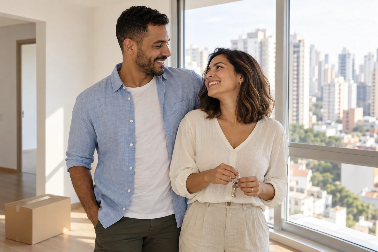 Casal celebrando a mudança para um novo apartamento com vista para a cidade